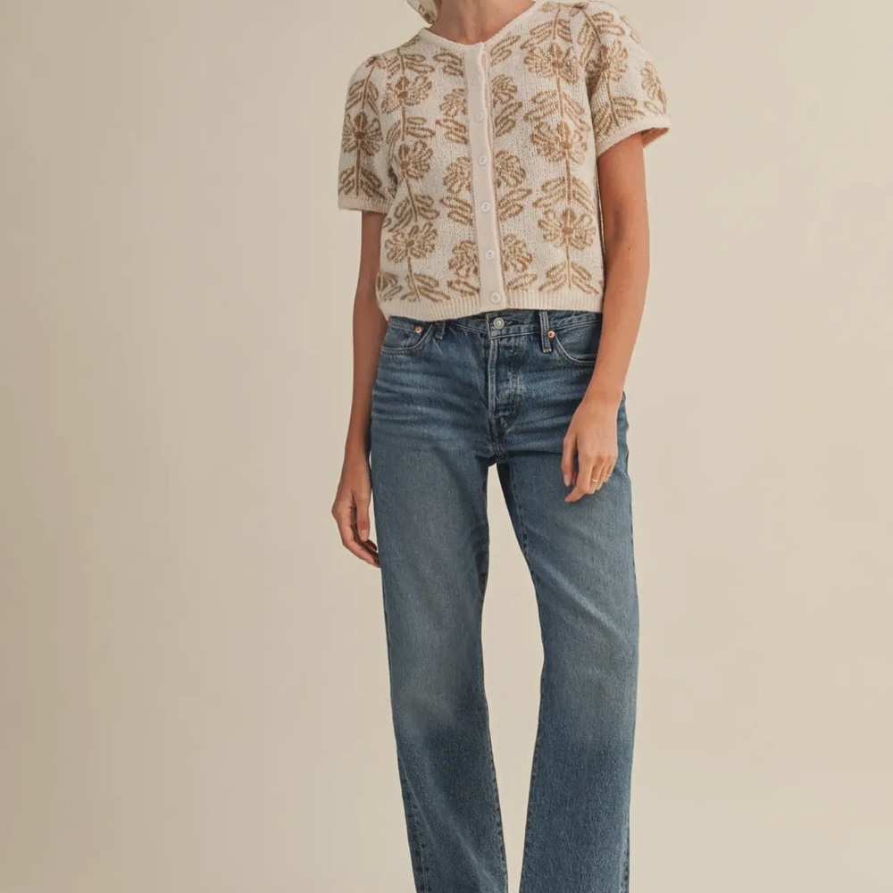 &merci, Floral Knit Short Puff Sleeve sweater  in Taupe Beige, s m l - Picture 4 of 4